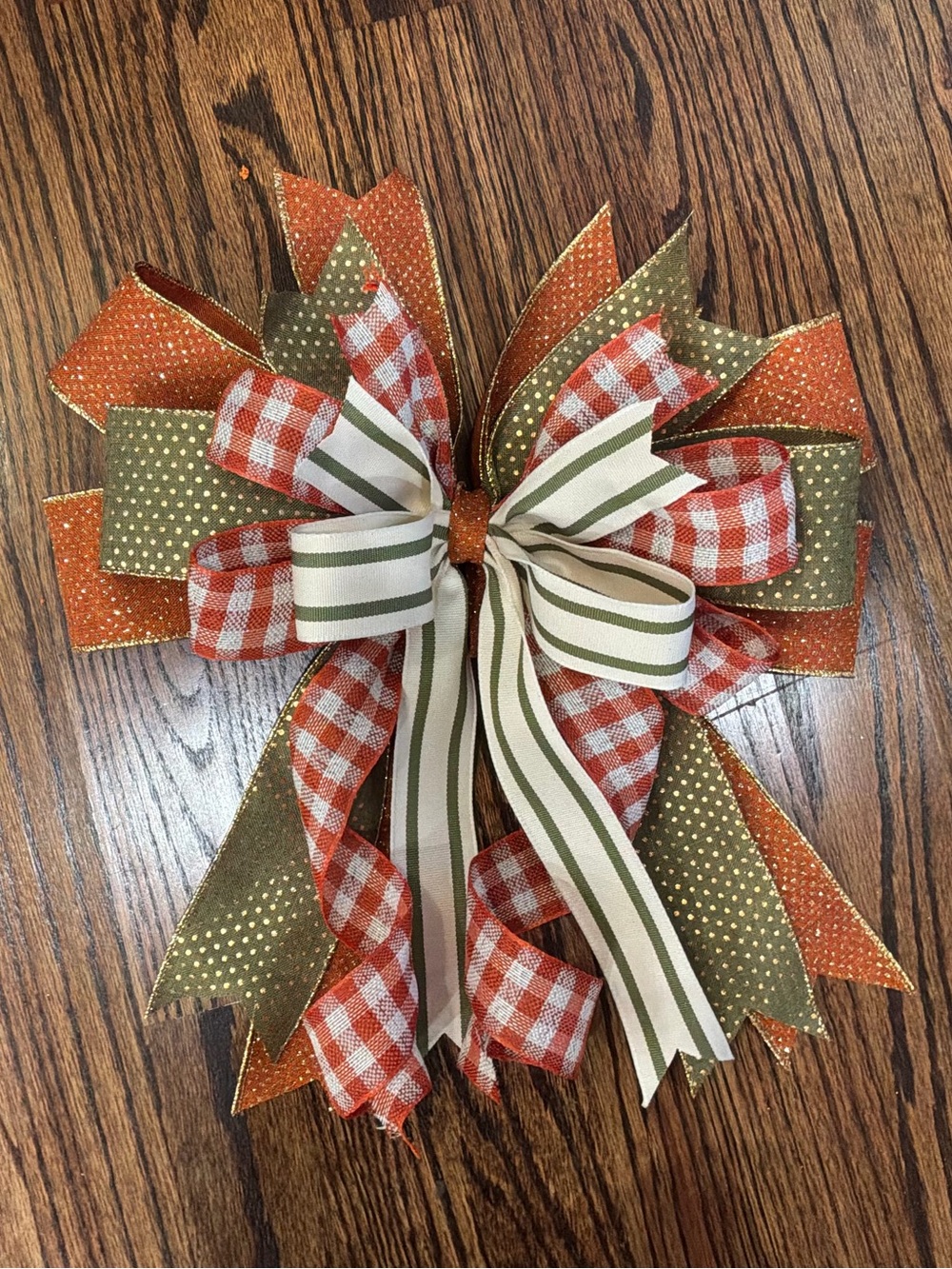 Festive Holiday Bow in Orange, Olive Green & Cream